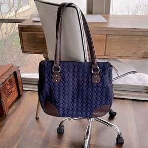 Vera Bradley Wildwood Park Navy Quilted Brown Leather Trim Shoulder Bag